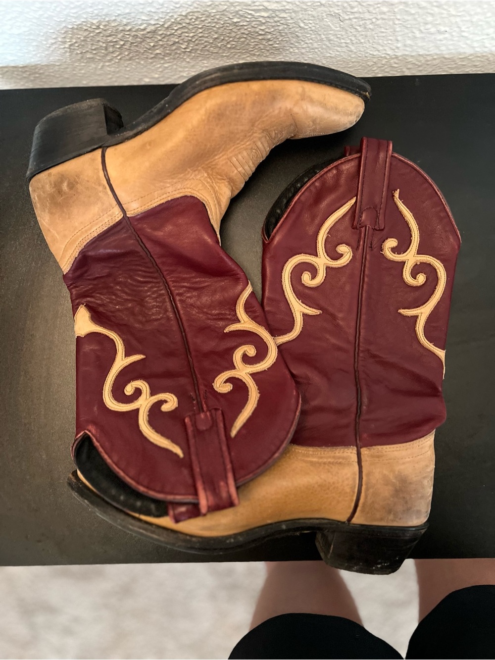 Vintage Two-Tone Burgundy and Tan Western Boots